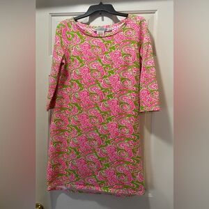 Women’s Gretchen Scott Bright Pink and Green Paisley 3/4 Sleeve Sheath Dress M